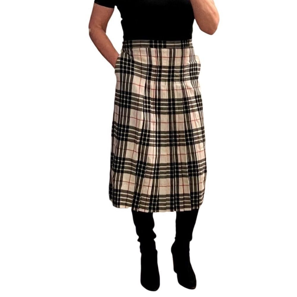 Vtg 80s E H Woods Wool White Black Red Plaid Pleated Midi Skirt Pockets 8